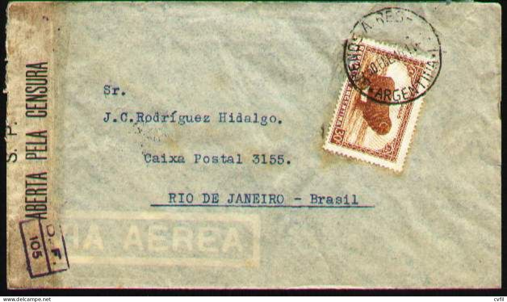 ARGENTINA 1945. Censored Air Cover With 30c Lanas Chalky Paper, To Brazil - Briefe U. Dokumente