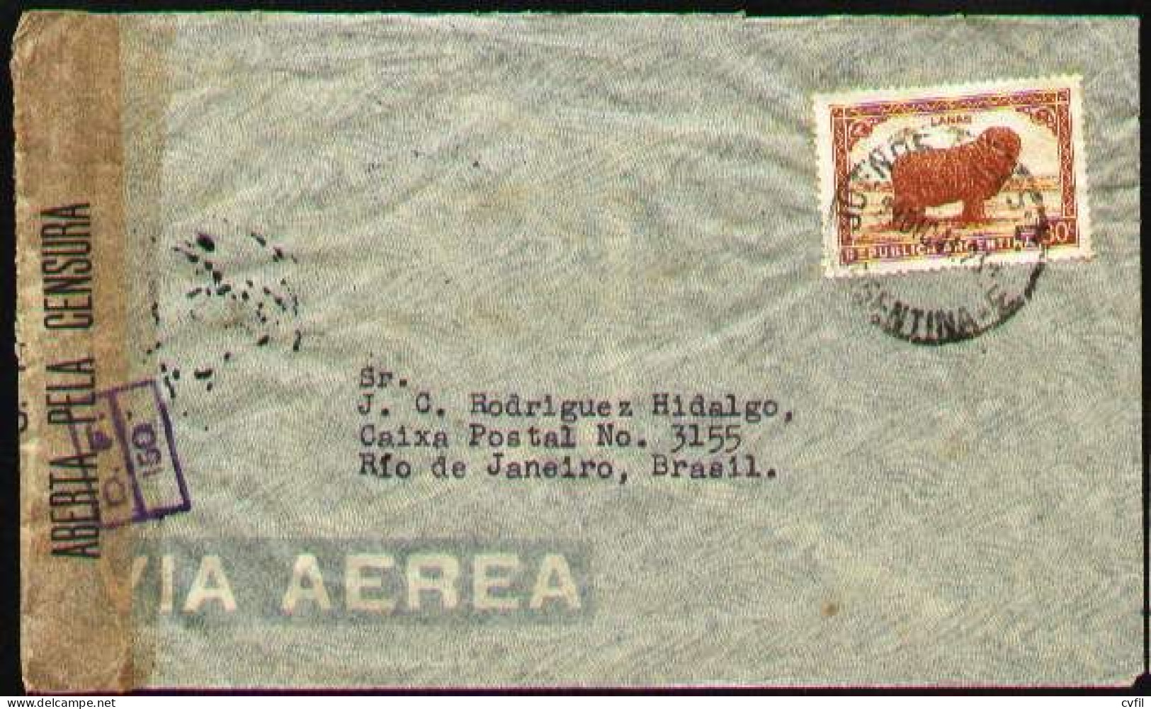 ARGENTINA 1944. Censored Air Cover With 30c Lanas Chalky Paper, To Brazil - Briefe U. Dokumente
