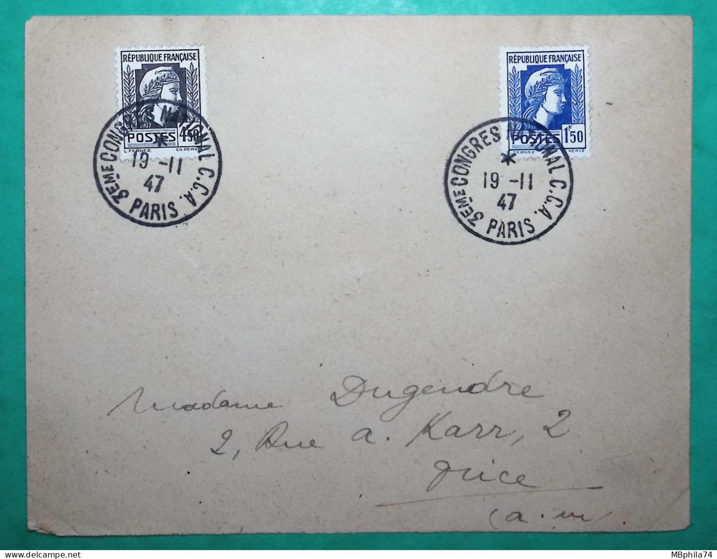 N°639 + 644  MARIANNE D'ALGER OBLITERATION 3ème CONGRES NATIONAL CCA PARIS 1947 LETTRE COVER FRANCE - 1944 Gallo E Marianna Di Algeri