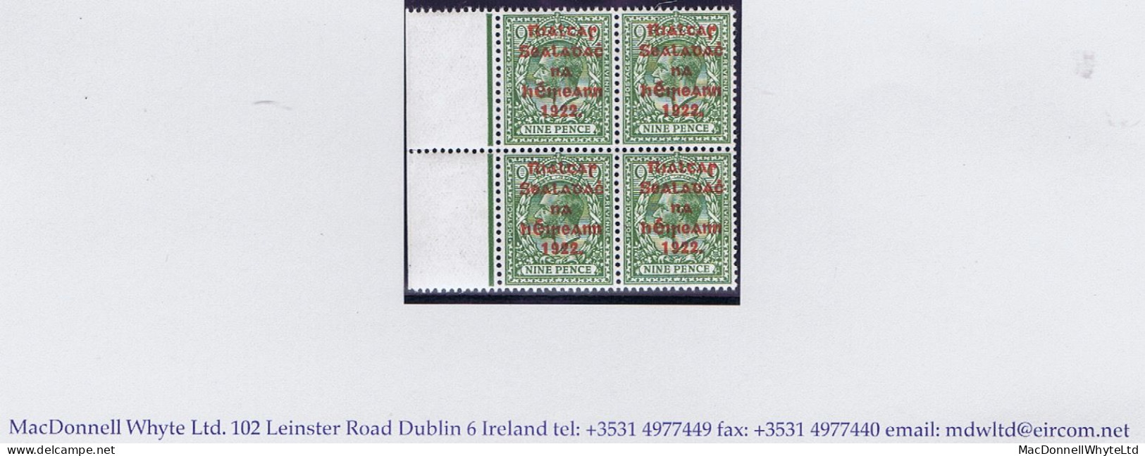Ireland 1922 Thom Rialtas 5-line Ovpt In Red On 9d Olive-green Block Of Four Brilliantly Fresh Mint Unmounted - Ongebruikt