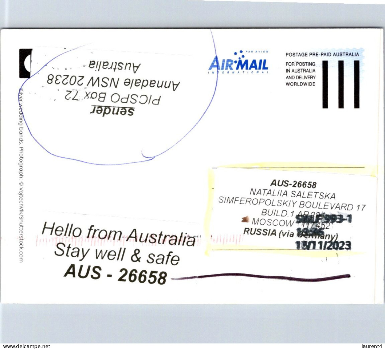 26-11-2023 (3 V 27) Austrlaian Maxicard Posted To Russia - Via Germany (2023) RTS To Sender (Wedding Ring) - Noces