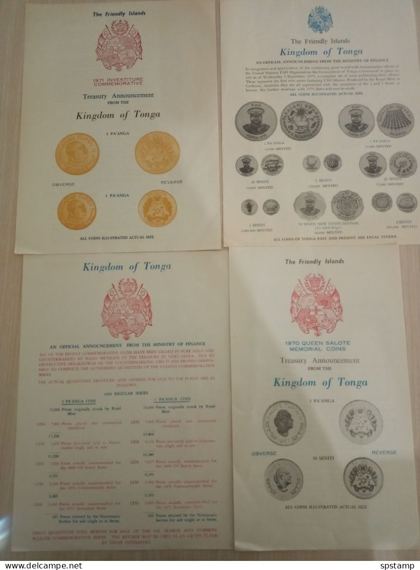 Tonga 1968 - 1975 Treasury Or Finance Department Official Announcements For New Coinage Issues X 4 - English