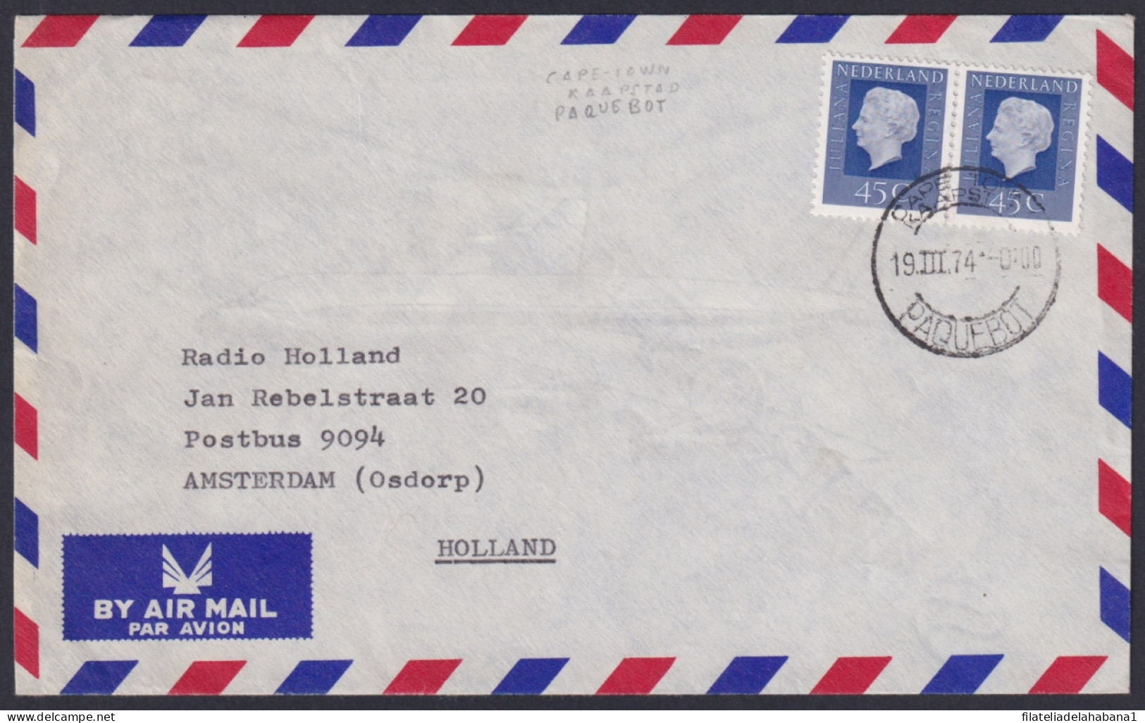 F-EX45853 NEDERLAND HOLLAND 1974 CAPE TOWN KAARSTAD PAQUEBOT.  - Cartas & Documentos