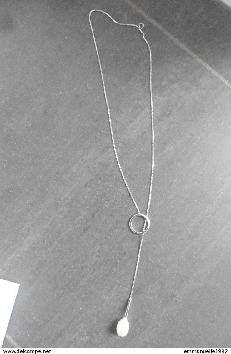 Collier Négligé Chaîne En Argent Pendentif Perle D'eau Douce Blanc Nacré Passant Dans Cercle - Collane/Catenine