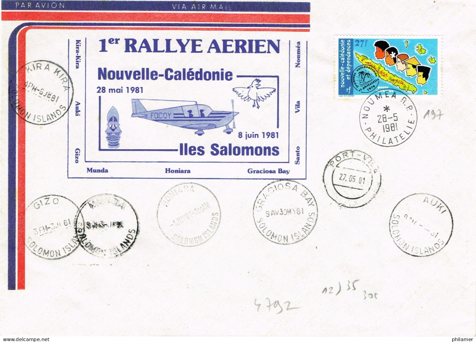 Nouvelle Caledonie Caledonie FFC Premier Vol Aerien Rally Iles Salomon 28 Mai 1981 Cad Port Vila Vanuatu BE - Cartas & Documentos