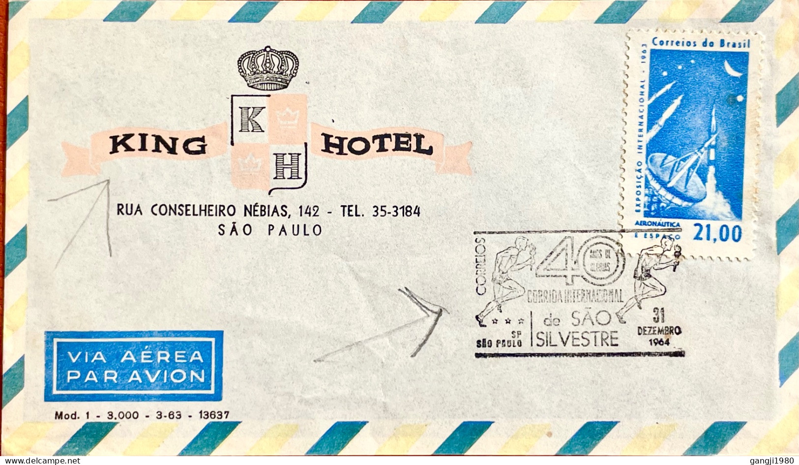 BRAZIL 1964, ADVERTISING COVER, KING HOTEL, ILLUSTRATE CROWN, ROCKET, RADAR STAMP, SPORT, TORCH BEAR PLAYER - Sonstige & Ohne Zuordnung