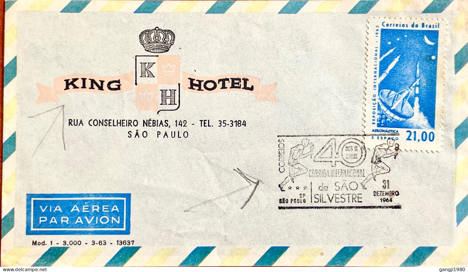 BRAZIL 1964, ADVERTISING COVER, KING HOTEL, ILLUSTRATE CROWN, ROCKET, RADAR STAMP, SPORT, TORCH BEAR PLAYER - Other & Unclassified