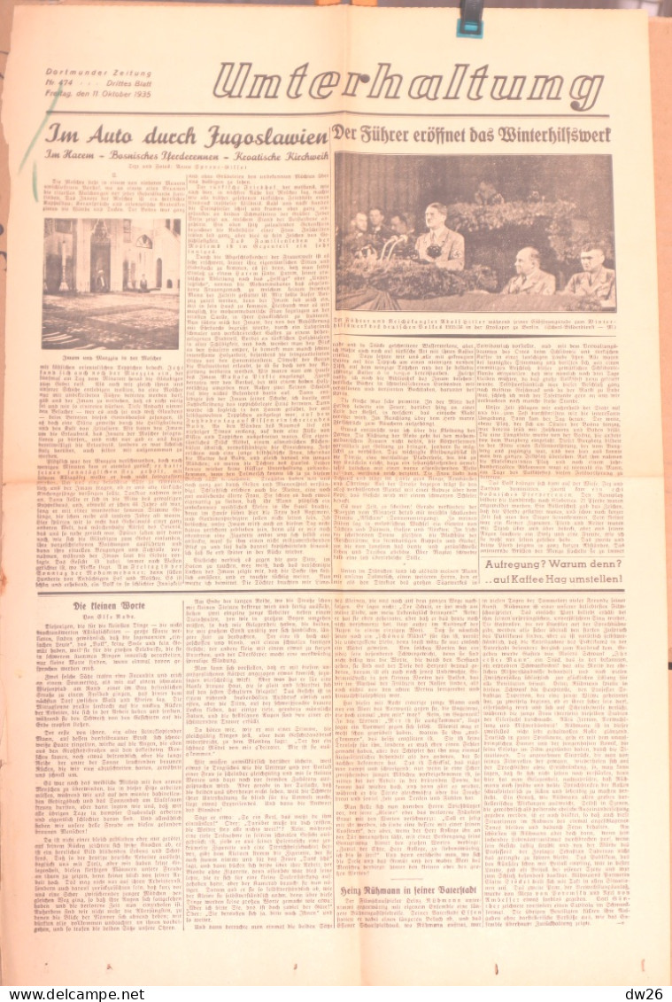 Quotidien Allemand - Tägliches Propagandablatt Drittes Reich: Unterhaltung N° 474, 11 Okt 1935 - Sonstige & Ohne Zuordnung