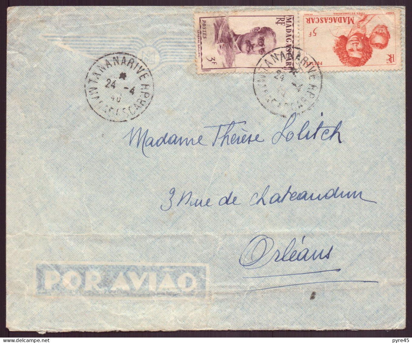 Madagascar, Enveloppe Du 24 Avril 1946 De Tananarive Pour Orléans ( Côte 7.40€ ) - Other & Unclassified