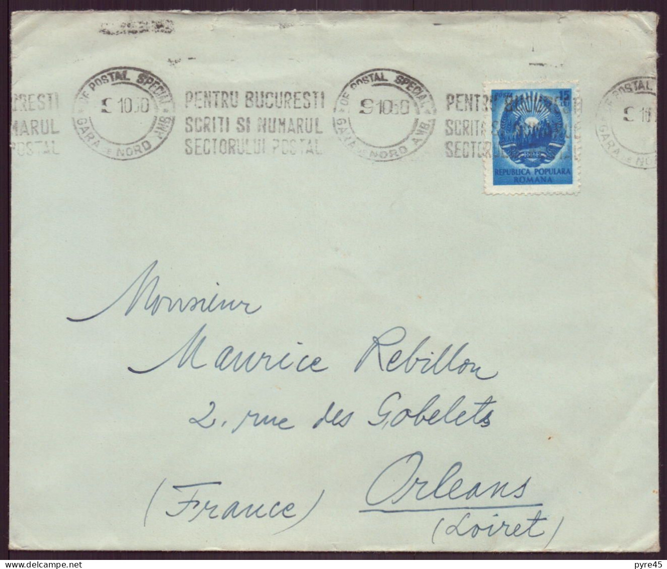 ROUMANIE ENVELOPPE DE 1950 BUCAREST POUR ORLEANS - Marcophilie