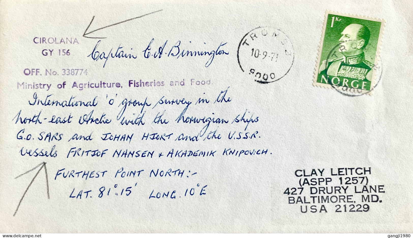 NORWAY 1971, SIGNED SPECIAL COVER, USED TO USA, CIROLANA,  MINISTRY OF AGRI FISH & FOOD, INT SURVEY USSR & NORWAY VESSEL - Otros & Sin Clasificación