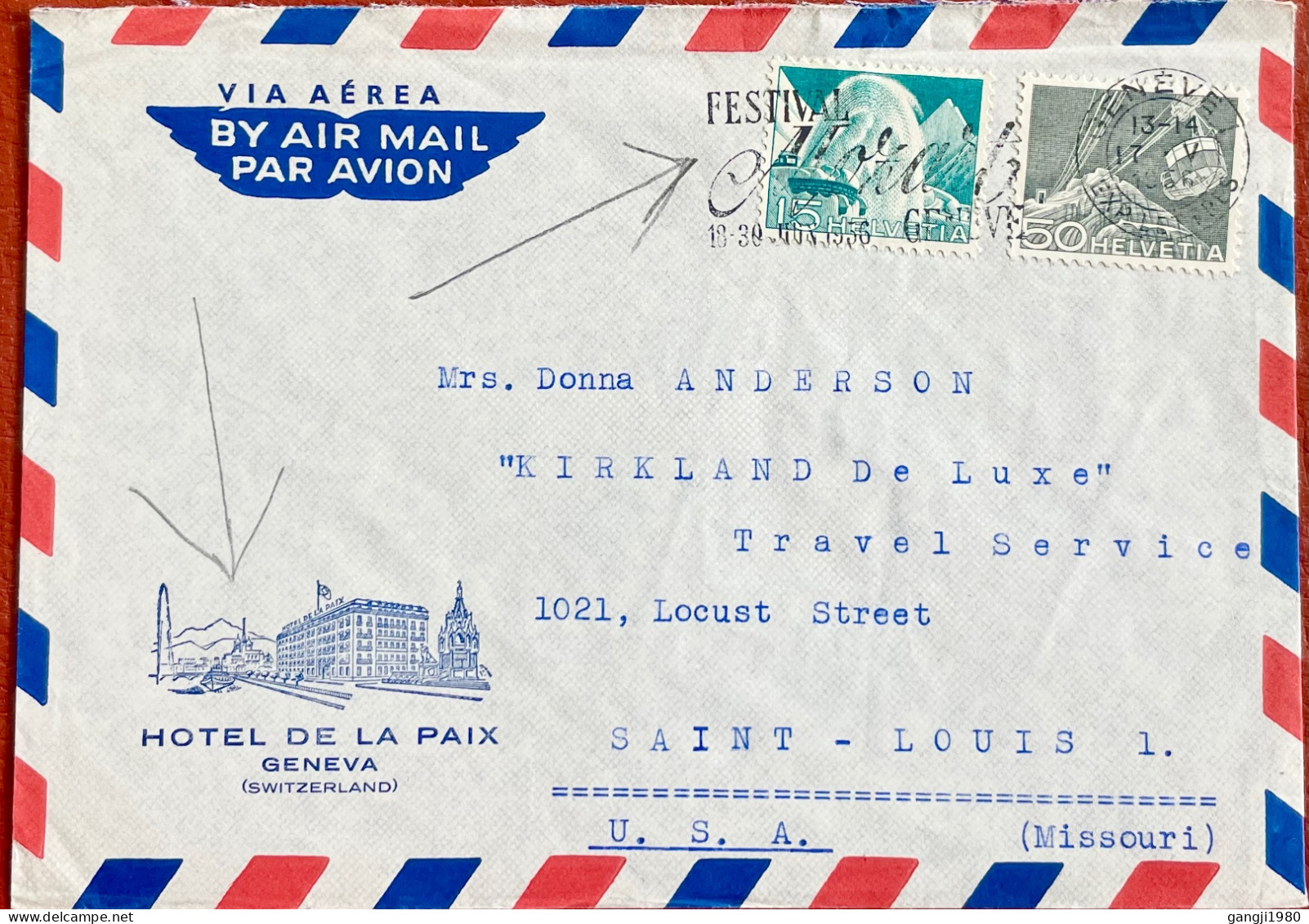SWITZERLAND 1956, ADVERTISING COVER, USED TO USA, HOTEL DE LA PAIX , MACHINE SLOGAN, MOZART FESTIVAL GENEVA CITY, MUSIC - Other & Unclassified