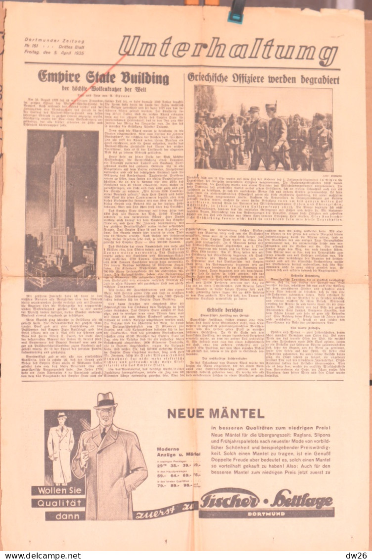 Quotidien Allemand - Tägliches Propagandablatt Drittes Reich: Unterhaltung - Dortmunder Zeitung N° 161, 5 April 1935 - Altri & Non Classificati