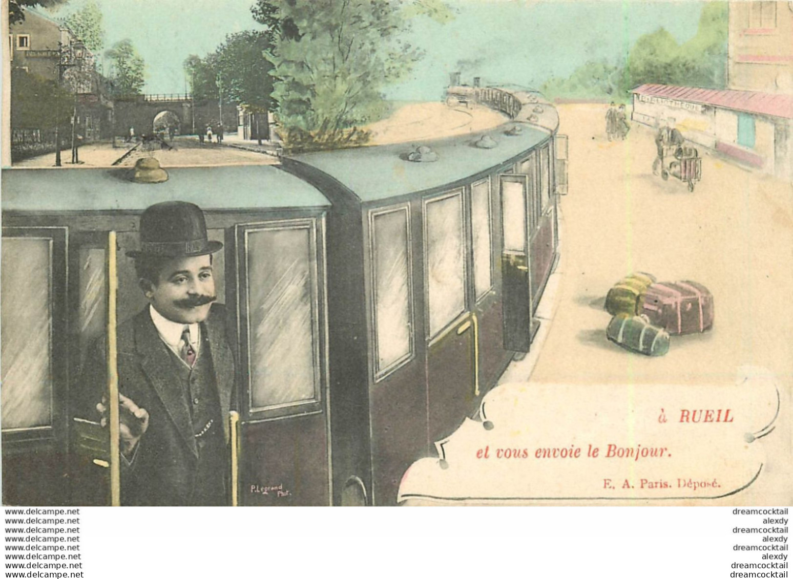 (XX) Carte Montage Gare Train Locomotive Voyageuse Voyageur. Bonjour J'arrive Ou Pars En 1911 SABRES 40 - Sabres