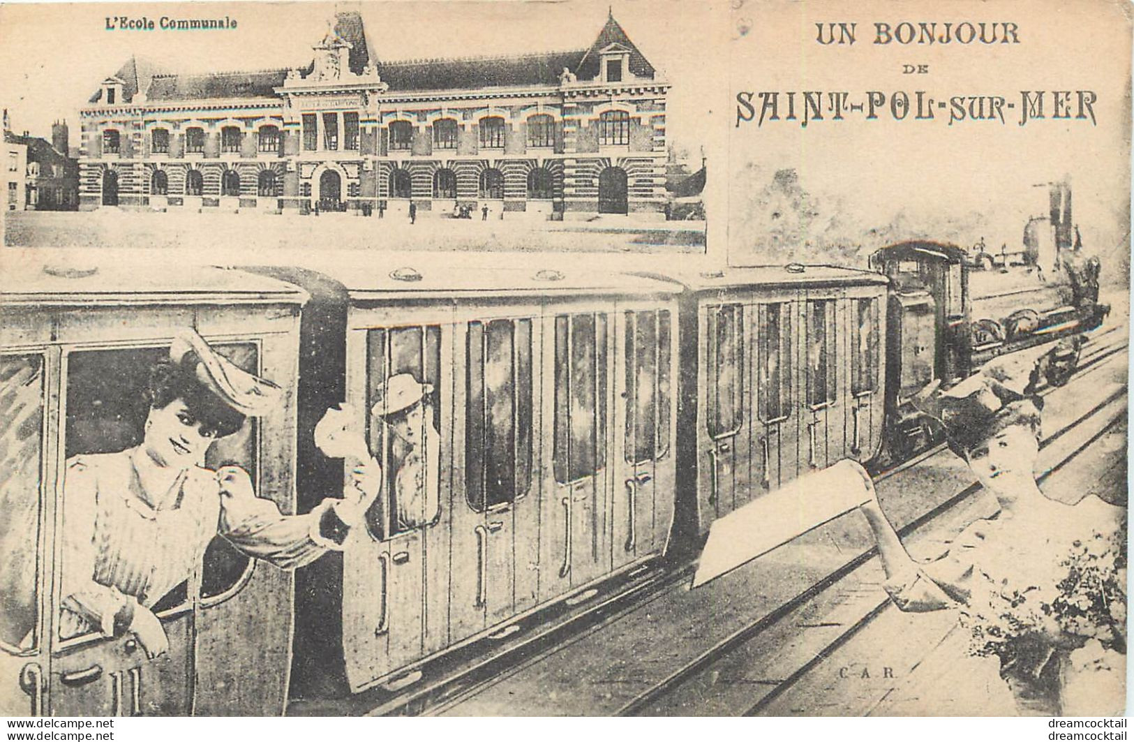 (XX) Carte Montage Gare Train Locomotive Voyageuse Voyageur. Un Bonjour De SAINT-POL-SUR-MER 59 - Saint Pol Sur Mer