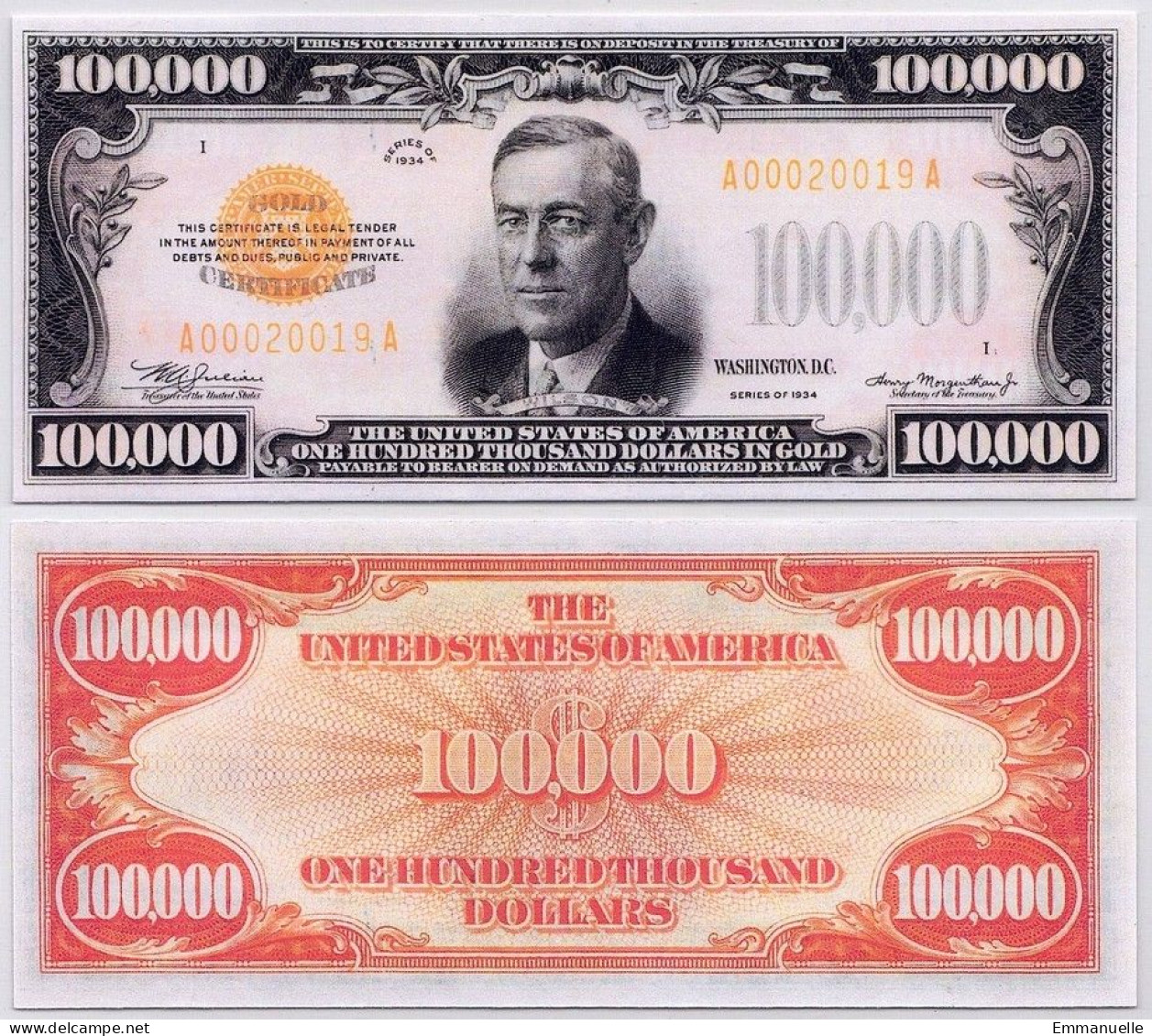 COPIE - USA 100 000 Dollars In Gold- 1934, REPRODUCTION - Certificaten Van Goud (1928)