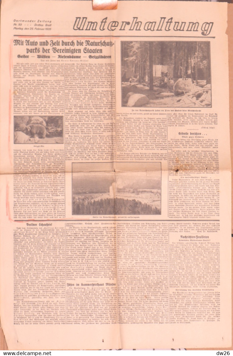 Quotidien Allemand - Tägliches Propagandablatt Drittes Reich: Unterhaltung - Dortmunder Zeitung N° 93, 25 Februar 1935 - Autres & Non Classés
