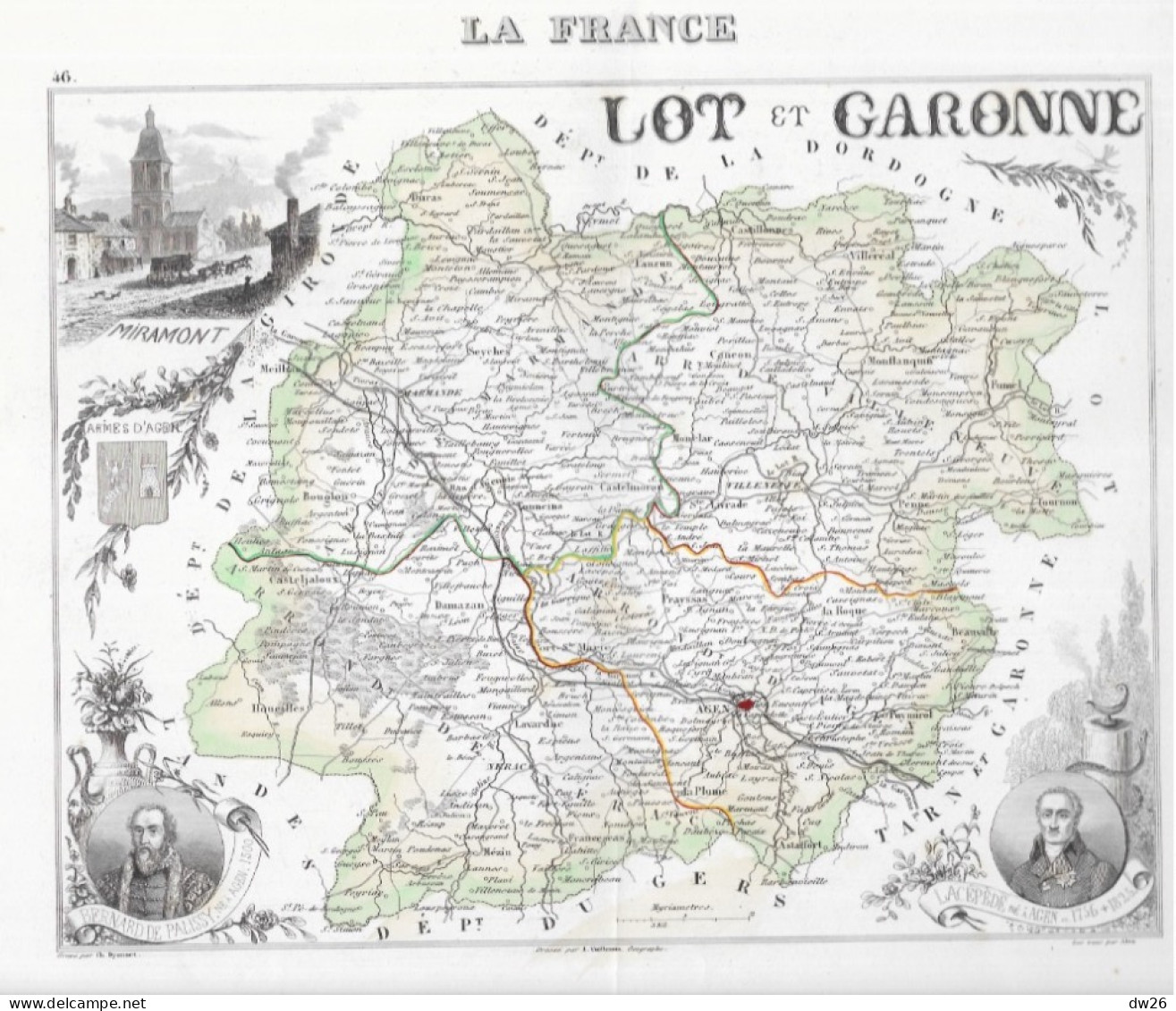 Carte Géographique: La France, Le Département Du Lot Et Garonne, Miramont, Médaillons Lacépède, Bernard De Palissy - Mapas Geográficas