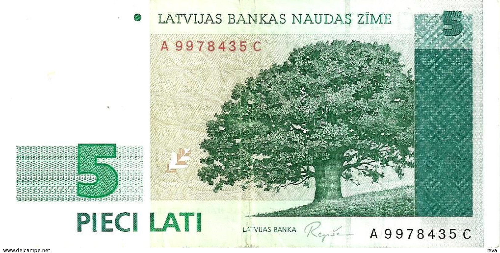 LATVIA  5 LATI GREEN TREE FRONT & ABSTRACT DESING BACK DATED 1992 VF+/VF+ P.43a READ DESCRIPTION !! - Lettonie