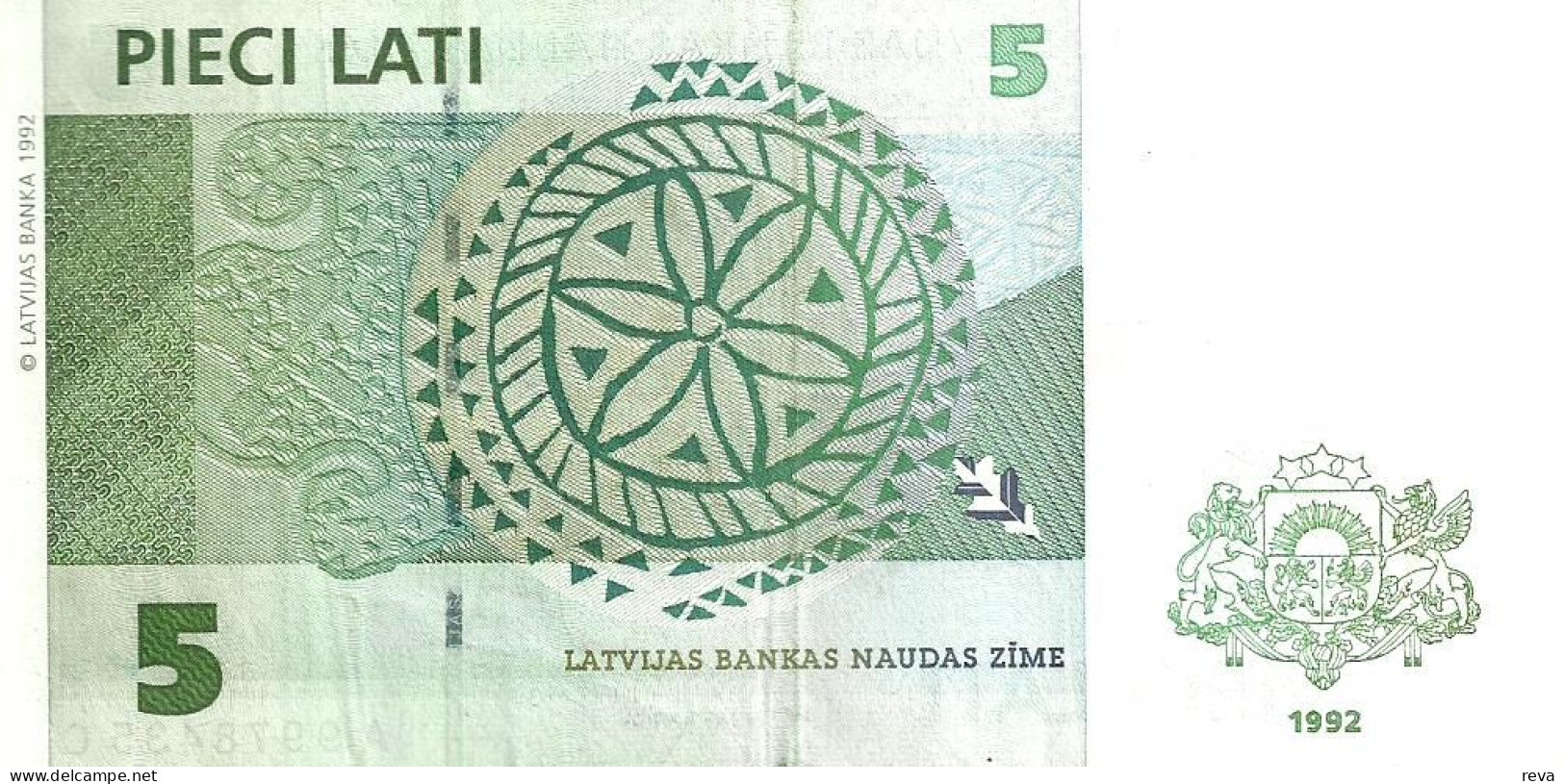 LATVIA  5 LATI GREEN TREE FRONT & ABSTRACT DESING BACK DATED 1992 VF+/VF+ P.43a READ DESCRIPTION !! - Letonia