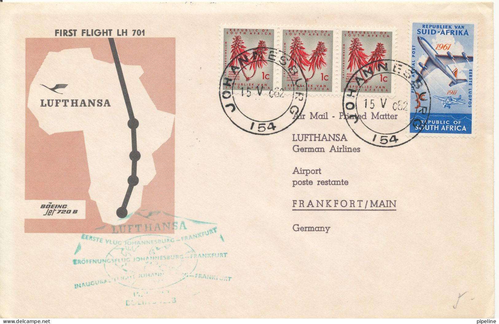 South Africa First Lufthansa Flight LH 701 Johannesburg Frankfurt 1962 - Lettres & Documents