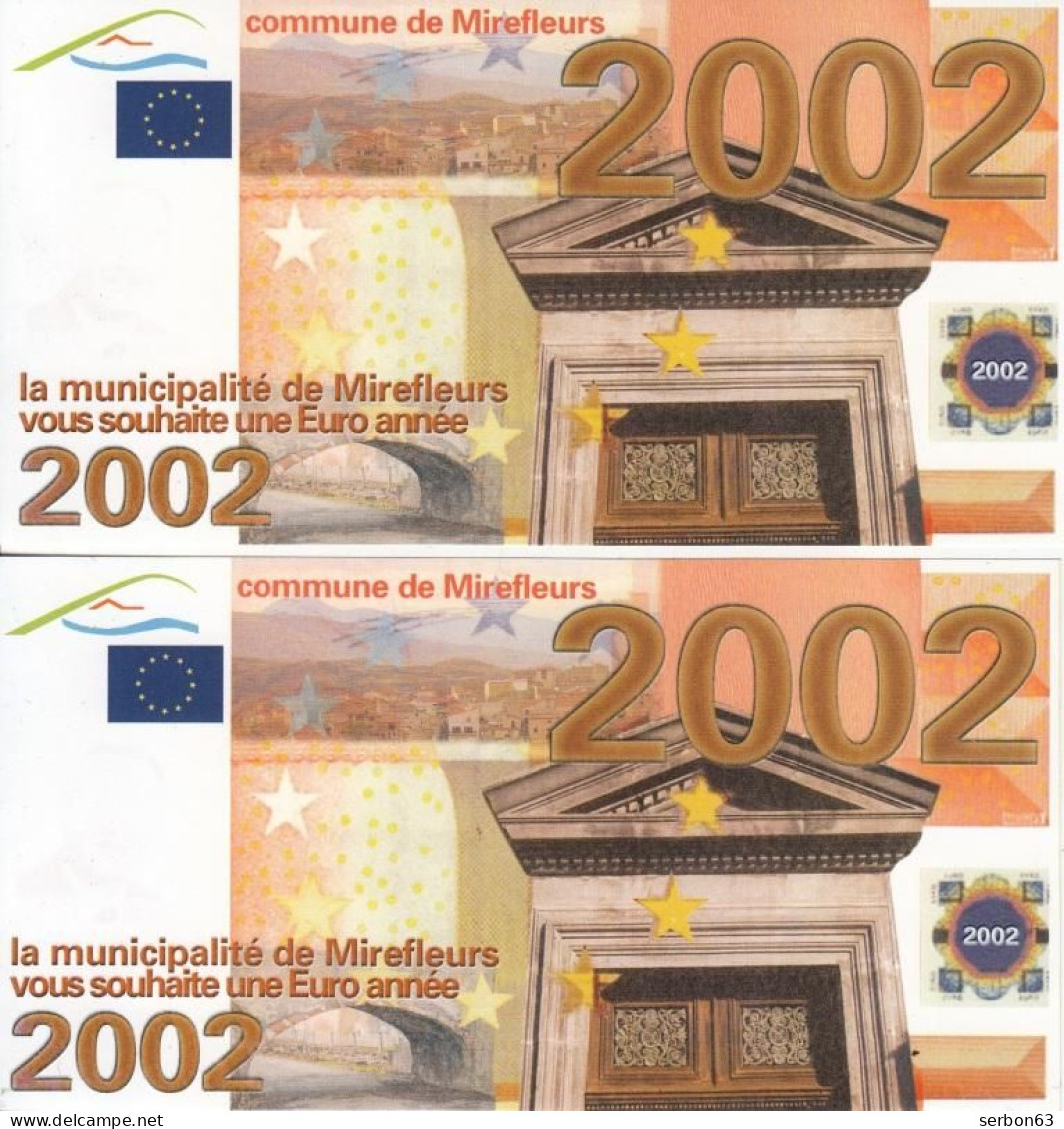 DEUX SPÉCIMENS VRAIE FAUSSE MONNAIE 2002 NEUF LA MUNICIPALITÉ DE MIREFLEURS 63 PUY DE DÔME VOUS SOUHAITE UNE EURO ANNÉE - Fictifs & Spécimens