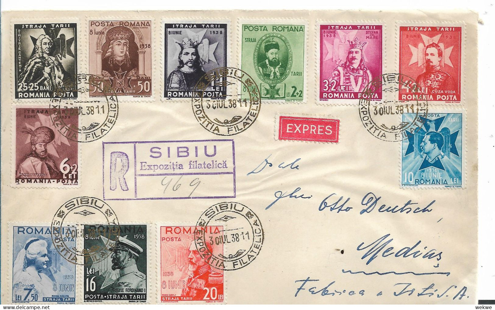 RUMÄNIEN 004 / Hochadel 1938, Satzbrief  Ausstellung SIBIU, Einschreiben/Express - Covers & Documents