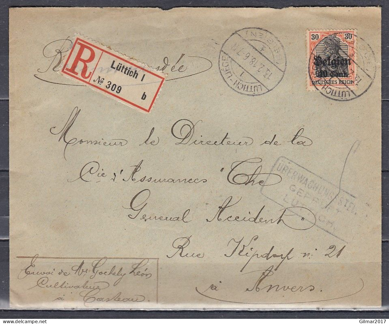 Expres Brief Van Luttich-Liege (Belgien) Naar Anvers Uberwachungsstel Gepruft Luttich - OC38/54 Belgian Occupation In Germany