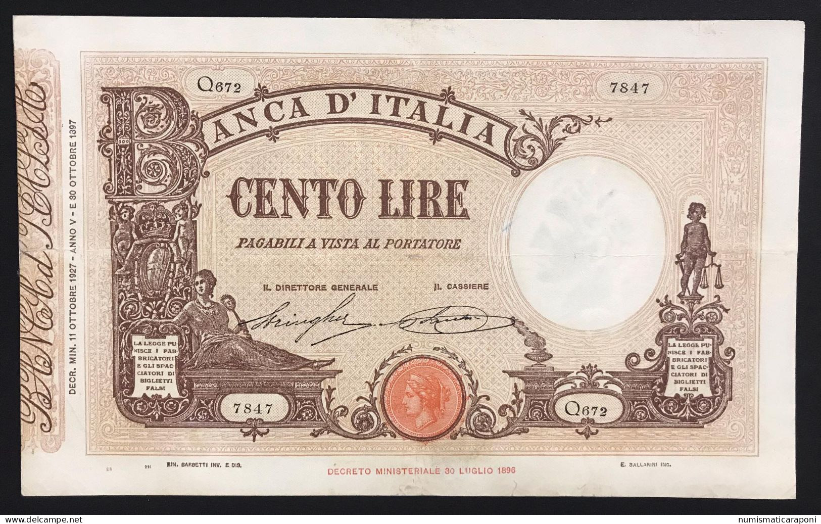 100 LIRE Barbetti Matrice Fascio 11 10 1927  Pressato Foro Centrale E Taglietti Ricongiunti Mb+/q.bb  LOTTO 1736 - Italia – 5 Lire