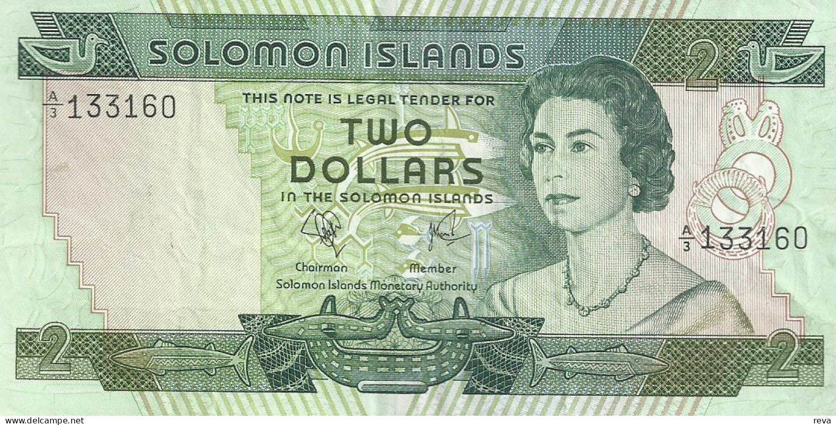 SOLOMON ISLANDS $2  GREEN QEII FRONT PEOPLE BACK ND(1977) P5a F+ 1 YEAR ONLY READ DESCRIPTION !! - Salomonseilanden