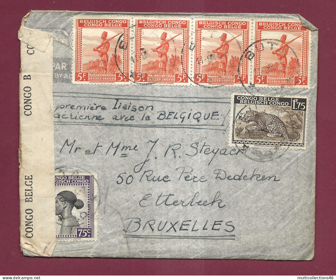 2251123 - CONGO BELGE - Lettre Pour BRUXELLES Première Liaison Aérienne Pour La Belgique  Censure 1944 - Briefe U. Dokumente