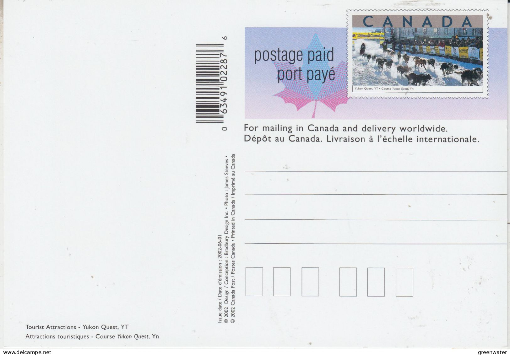 Canada 2003 Postal Stationery Postcard Dog Sled Courses Yukon Quest Unused (CN155A) - Brieven En Documenten