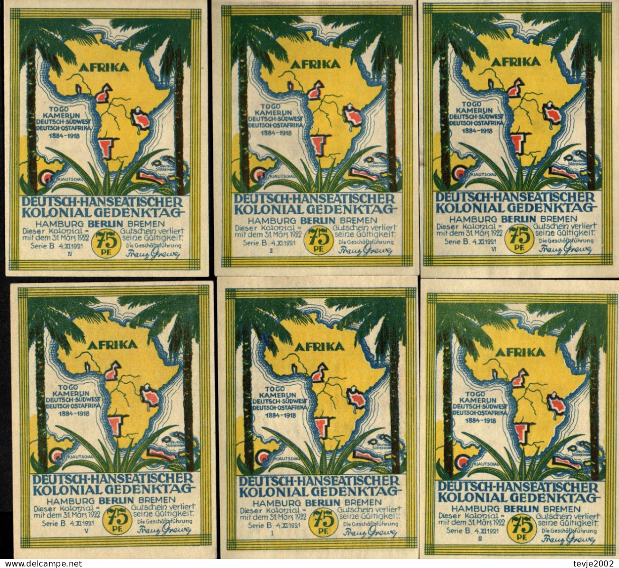 6 Notgeldscheine - DEUTSCH-HANSEATISCHER KOLONIAL GEDENKTAG 1921 - Sehr Gute Erhaltung - Collections