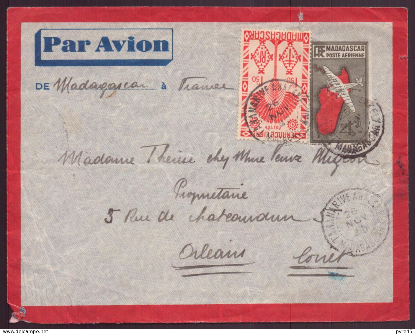Madagascar, Enveloppe Du 26 Novembre 1945 De Tananarive Pour Orléans ( Côte 7€ ) - Andere & Zonder Classificatie