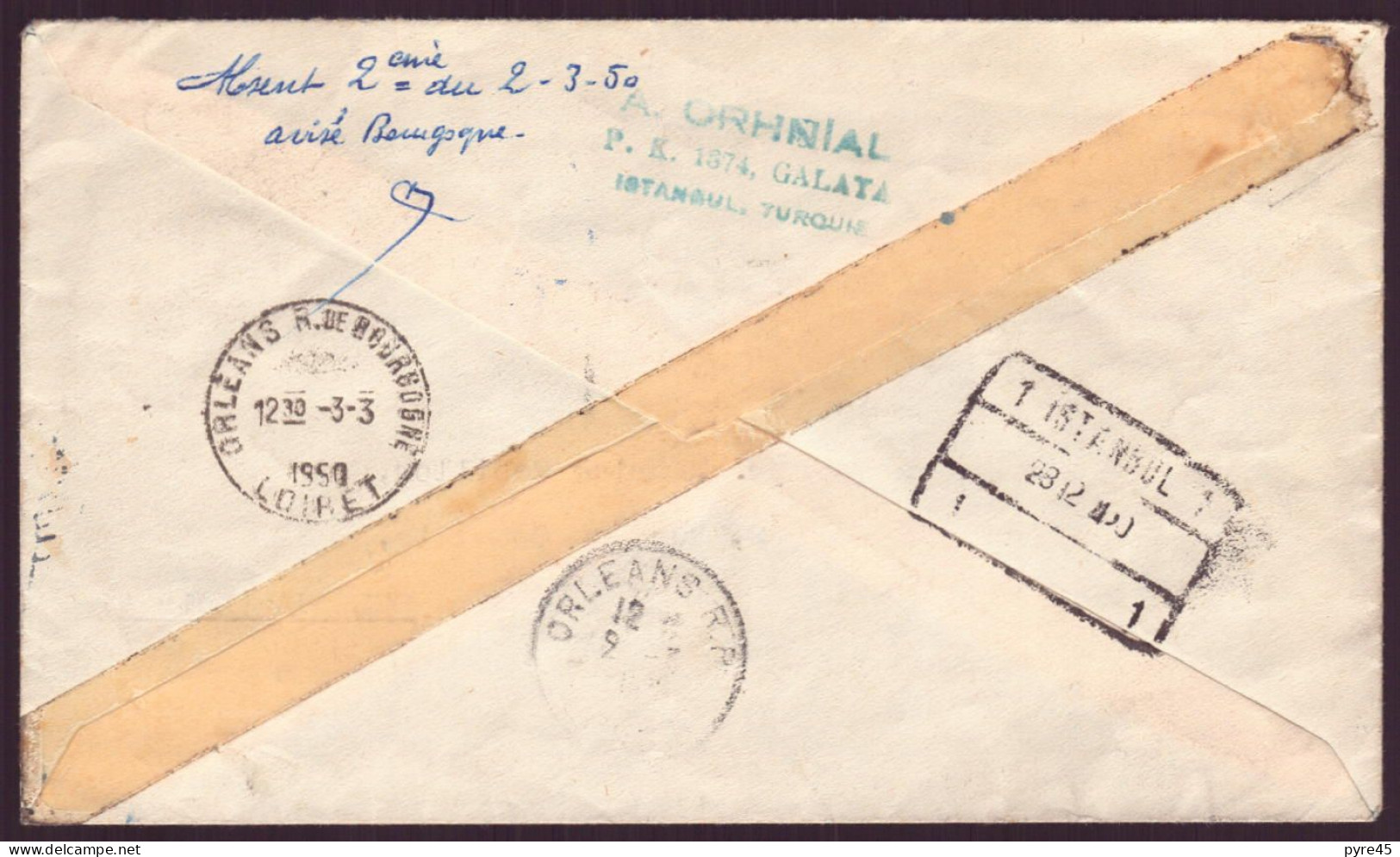 Turquie, Enveloppe Recommandée, Enveloppe Du 28 Février 1950 De Sisli Pour Orléans - Sonstige & Ohne Zuordnung