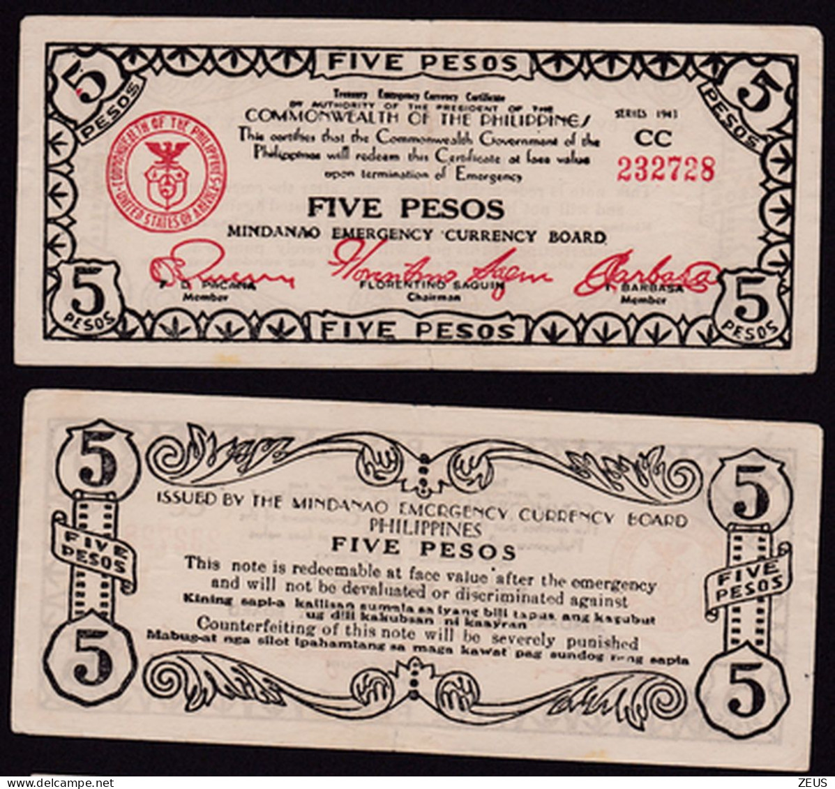 FILIPPINE 5 PESOS  1943  EMERGENCY BANKNOTE PS507 BB - Philippines
