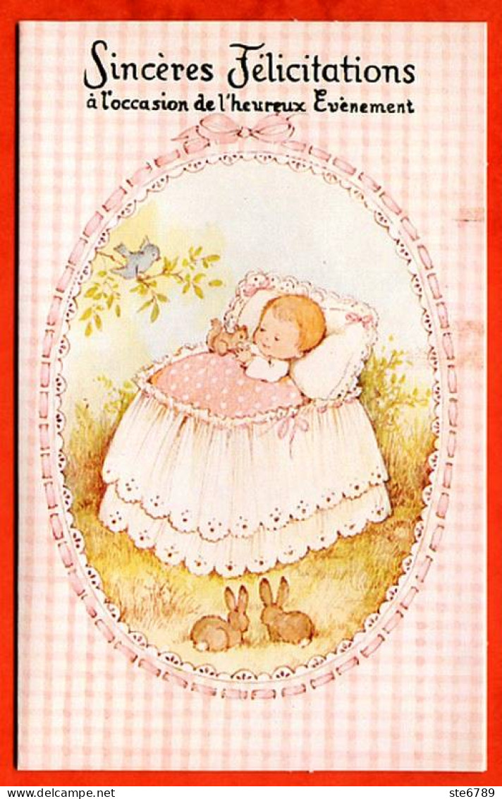 Sinceres Félicitations Pour Heureux Evenement Naissance Bébé Lit  Lapins Oiseau écureuil Fille Carte Vierge TBE - Naissance