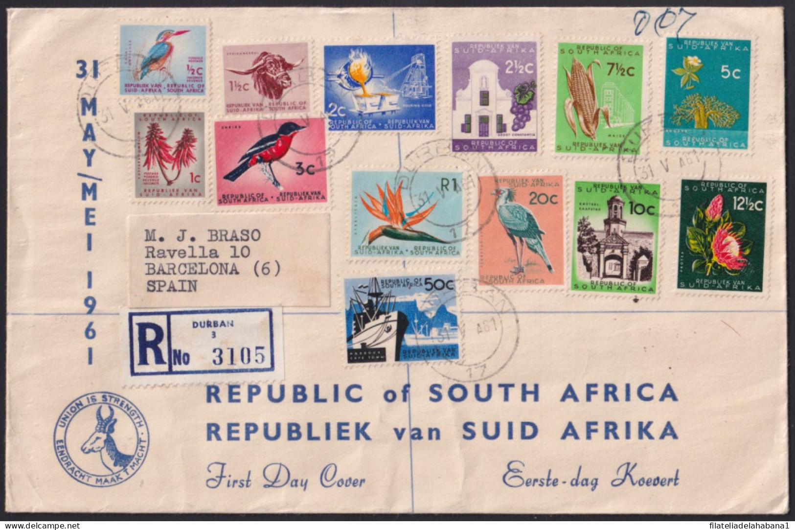 F-EX39619 SOUTH AFRICA 1961 DEFINITIVE REGISTERD COVER TO SPAIN.   - Lettres & Documents