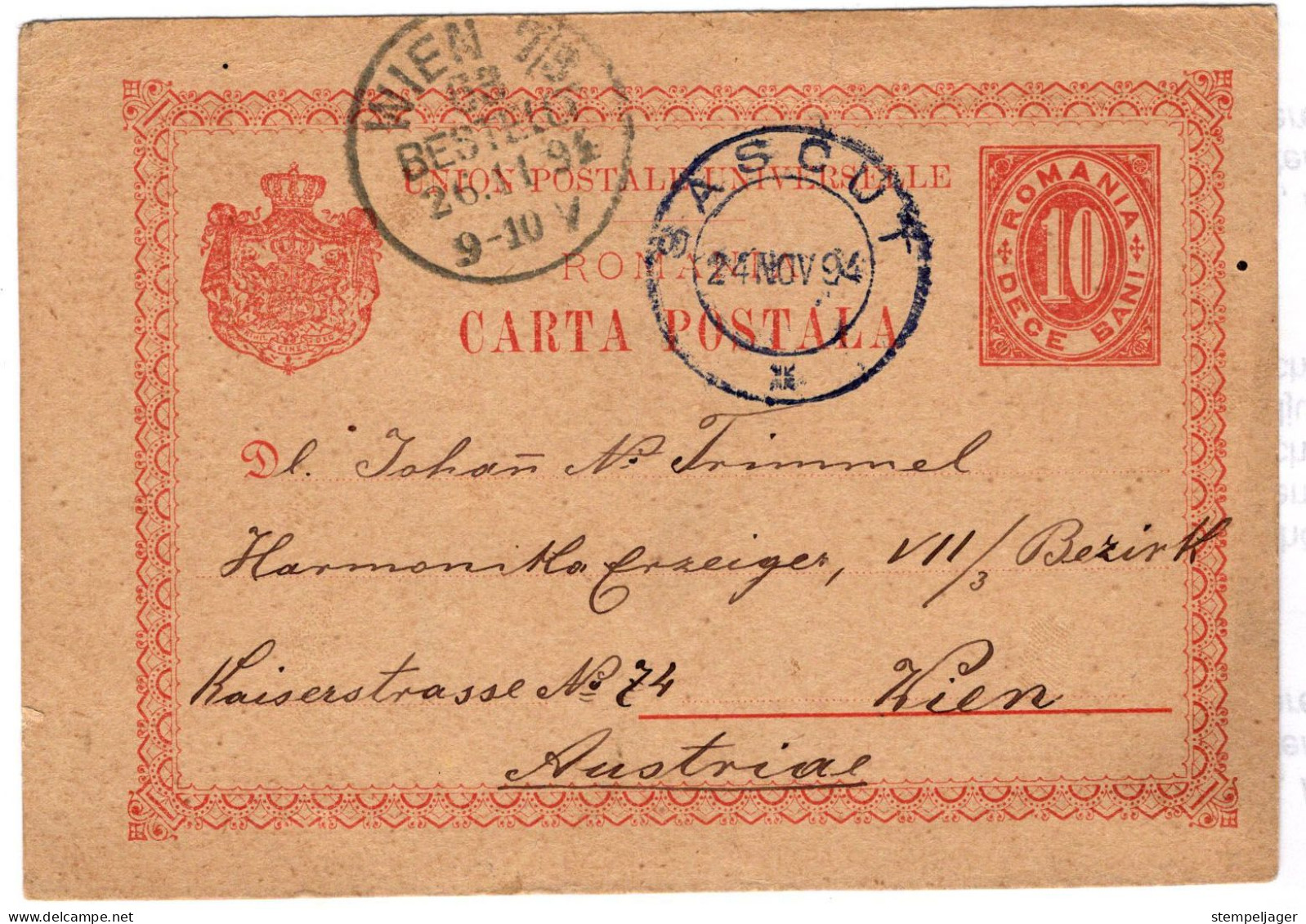 1894 Wien BESTELLT  63  7/3 (= Bernardgasse) Auf Postkarte Rumänien Sascut - Lettres & Documents