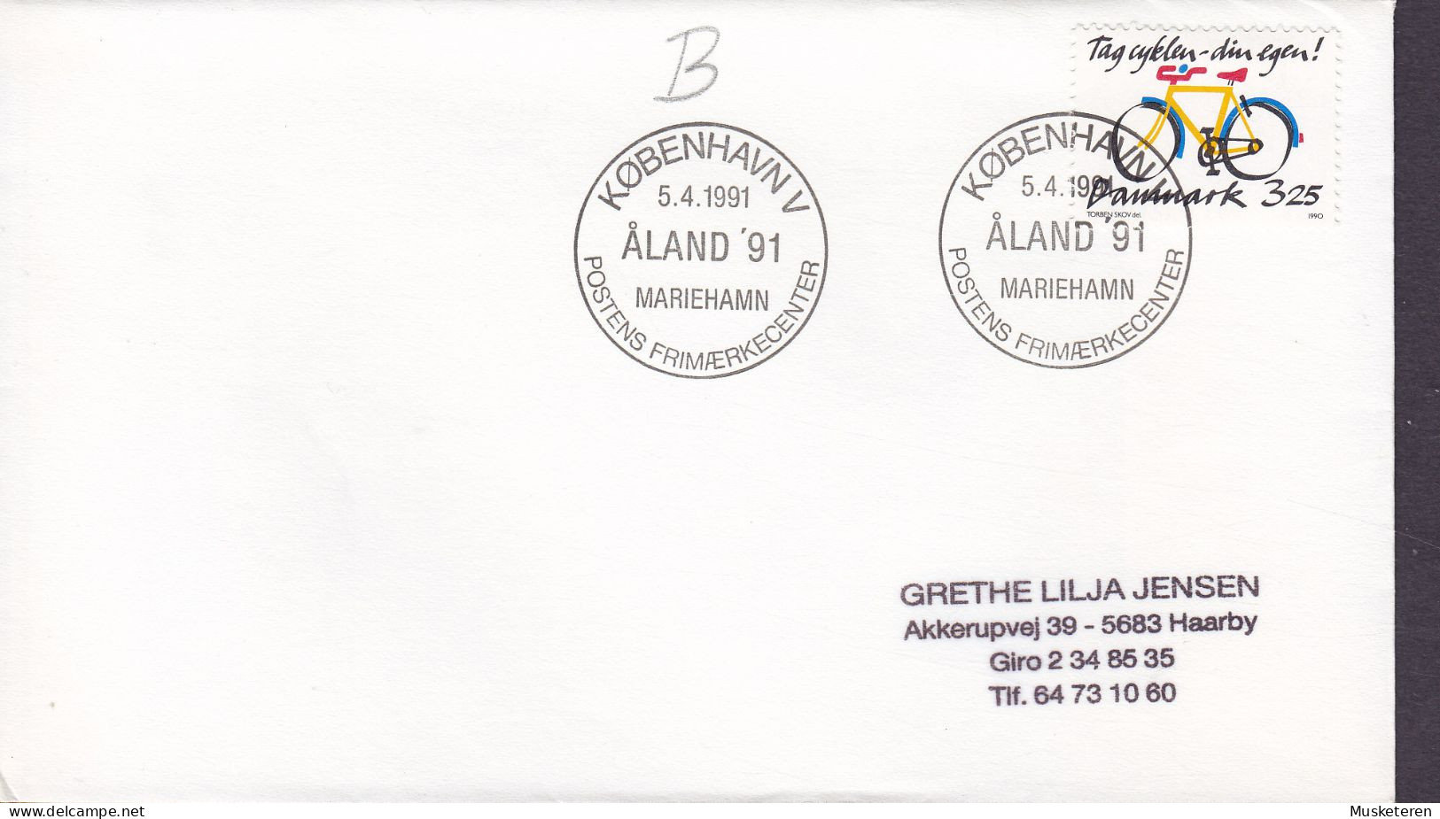 Denmark Sonderstempel 'Åland '91 Mariehamn' KØBENHAVN V. 1991 Cover Brief Bike Bicycle Fahrrad Stamp - Lettres & Documents