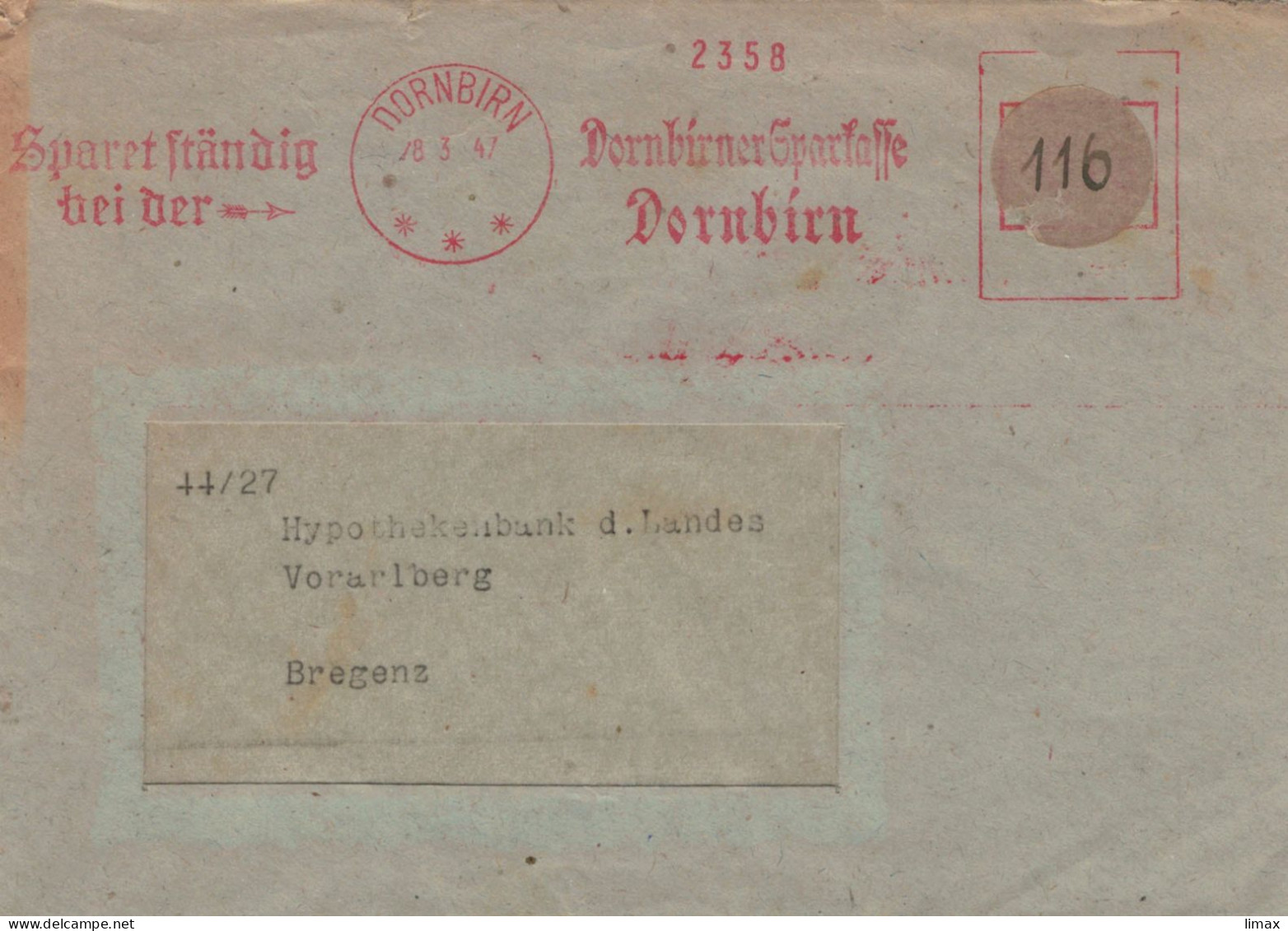 EMA Aptierter Stempel - Sparet Ständig Dornbirn Sparkasse 28.3.1947 Nr. 2358 > Hypobank Vorarlberg - Maschinenstempel (EMA)