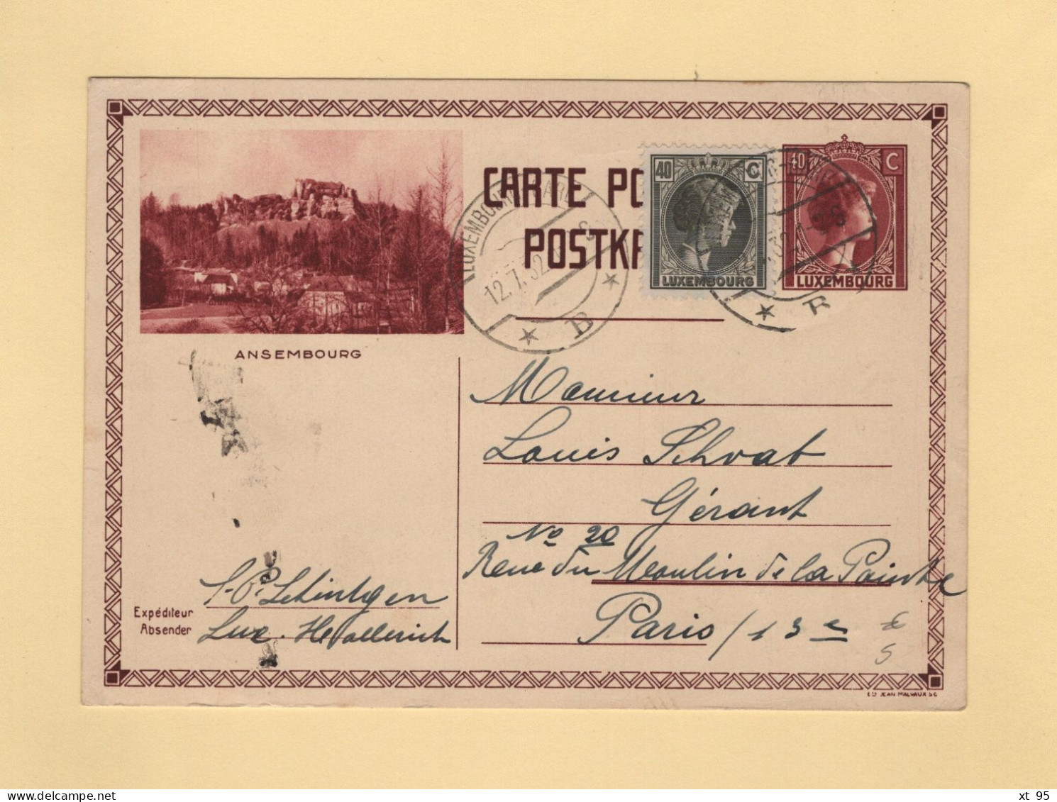 Luxembourg - Entier Postal Ansebourg - 1932 - Destination France - Postwaardestukken