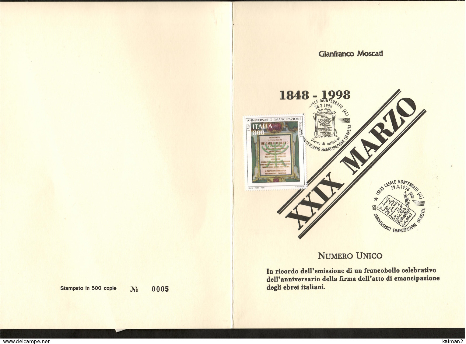 278  -   CASALE MNONFERRATO  29.3.1998    /   150°  ANNIVERSARIO EMANCIPAZIONE ISRAELITA - Guidaismo