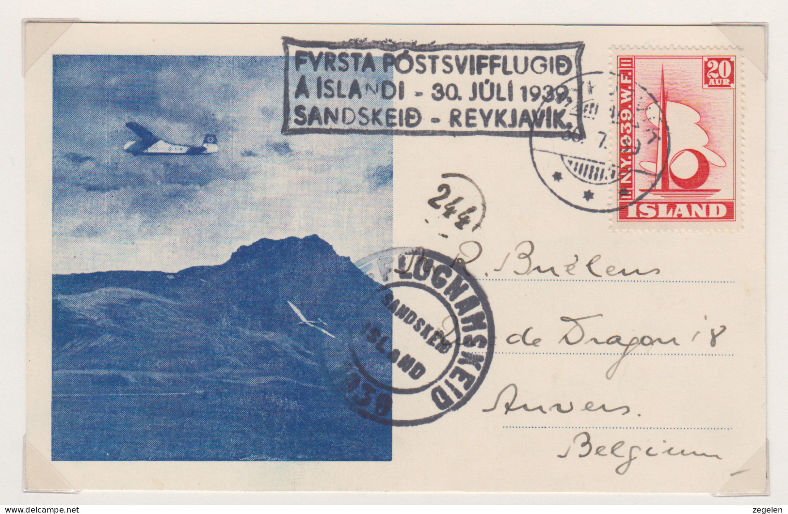 IJsland Echtgelopen Omslag Met Zegel Michel 204 Facit 252 En Speciale Stempel 1e Postvlucht 30 Juli 1939 - Luchtpost