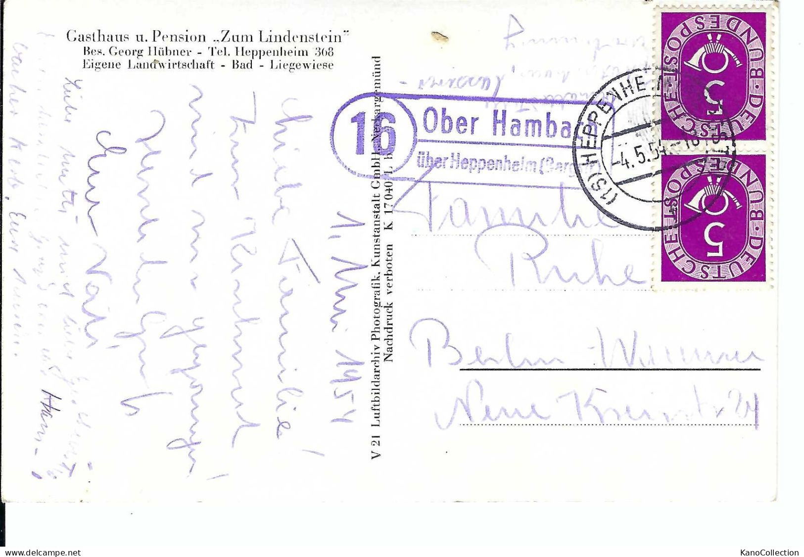 Ober-Hambach Bei Heppenheim An Der Bergstraße, Pension Zum Lindenstein, Gelaufen 1954 - Heppenheim