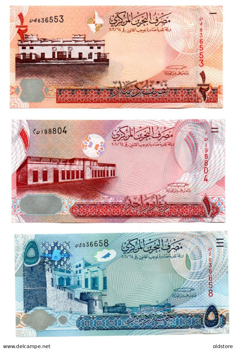 Bahrain Banknotes - Set Of 3 Banknotes - Half Dinar / 1 Dinar / 5 Dinars - 2006 - First Print - UNC - Bahrein