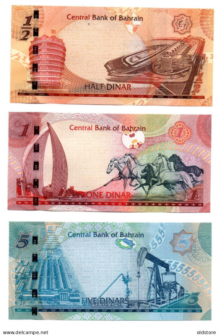 Bahrain Banknotes - Set Of 3 Banknotes - Half Dinar / 1 Dinar / 5 Dinars - 2006 - First Print - UNC - Bahrein