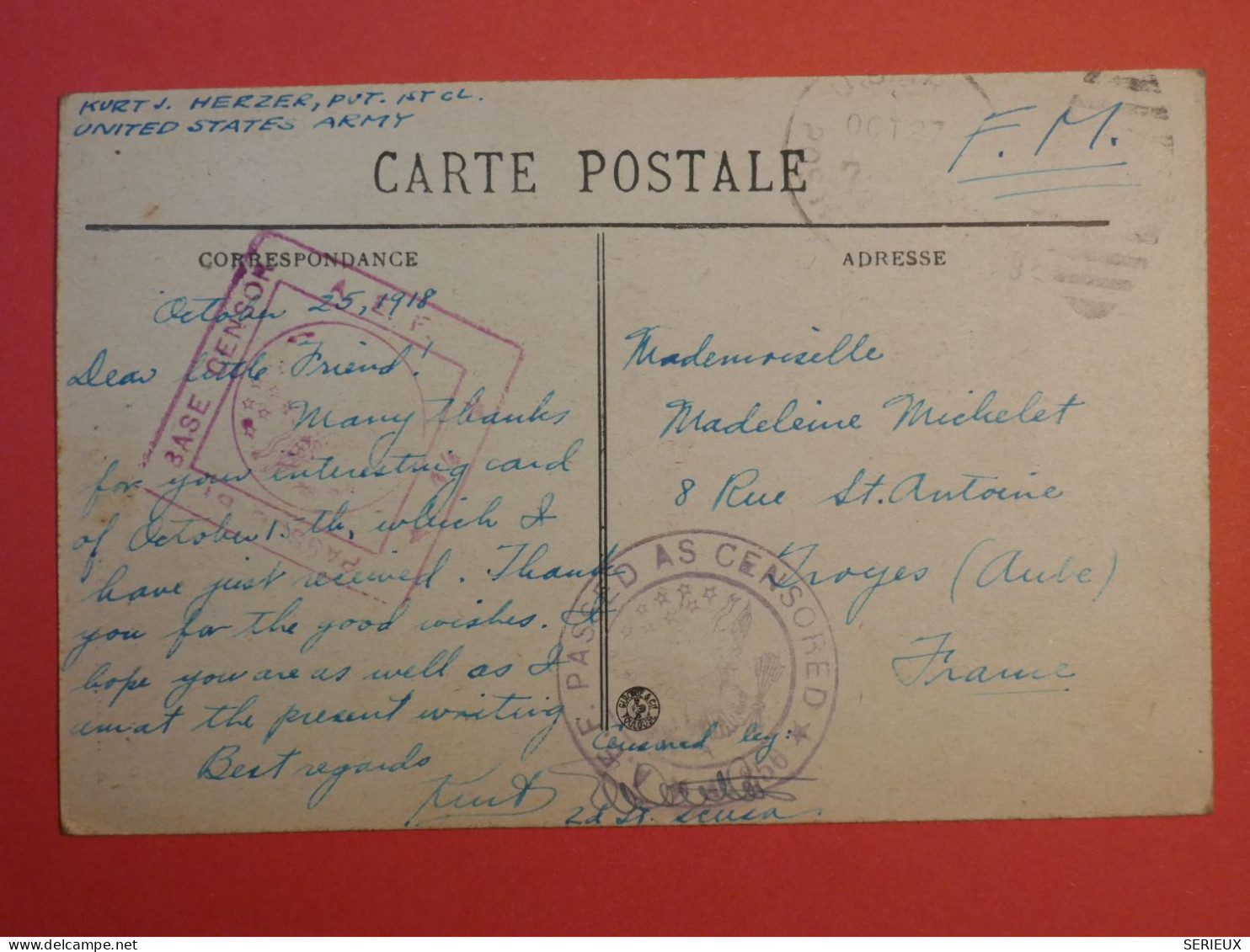 P30 ETATS UNIS ARMY . BELLE CARTE  FM RARE CENSORED 1918 A TROYES +CENSURE + AFFRANCH. INTERESSANT - Storia Postale