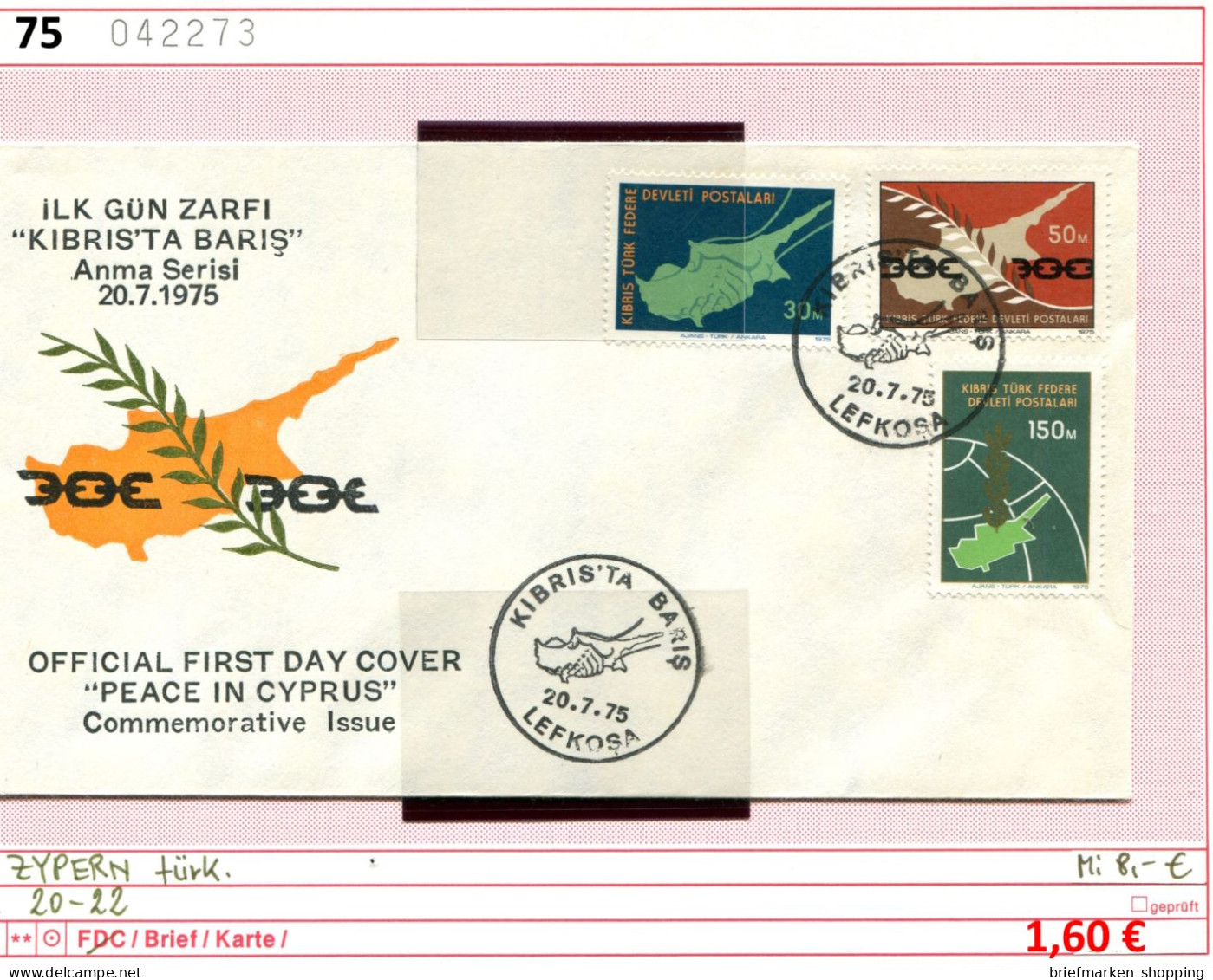 Zypern 1975 - Türkisch Zypern 1975 - Chypre Turquoise 1975 - Michel 20-22 Auf FDC / Sur FDC - Briefe U. Dokumente