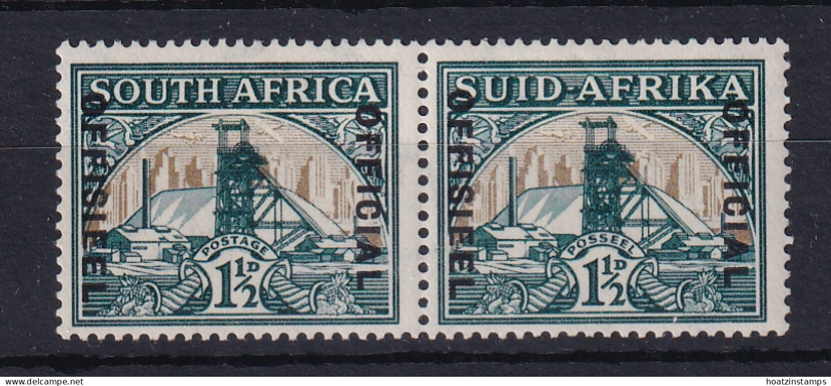 South Africa: 1935/49   Official - Goldmine   SG O22    1½d   Green & Bright Gold   [Wmk Inverted]  MH Pair - Servizio